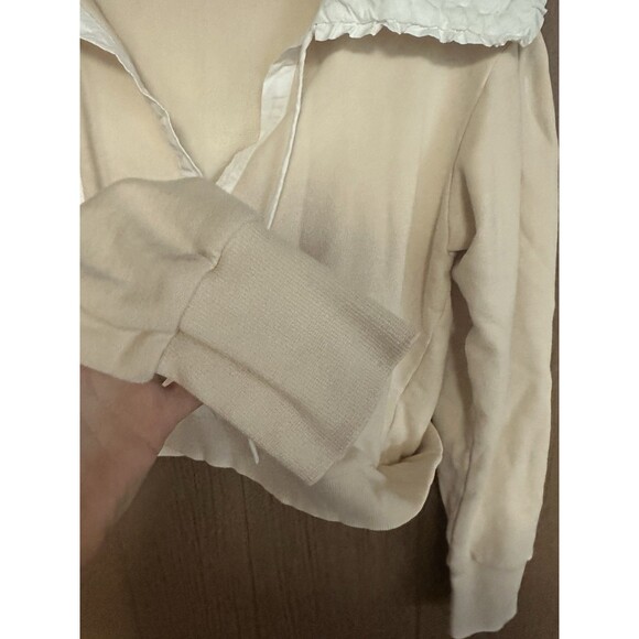 By Anthropologie‎ Poplin-Collar V-Neck Sweatshirt XS Beige White Cropped Smocked - Picture 6 of 7
